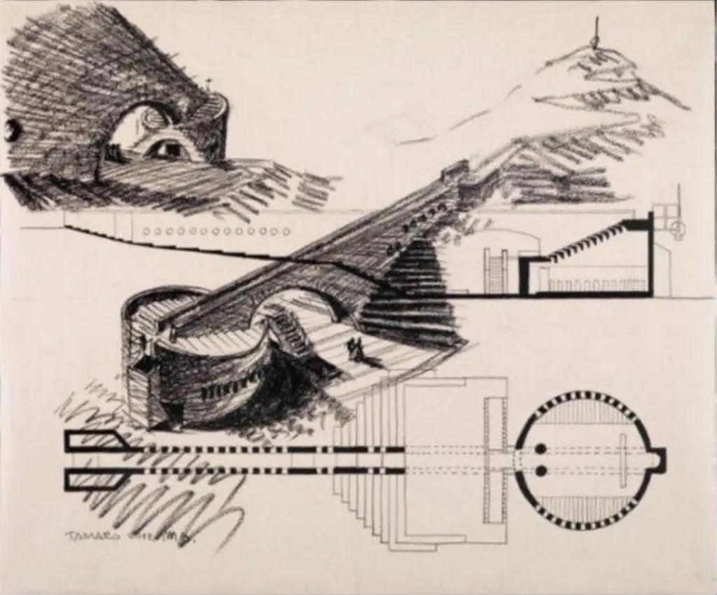 Architectural drawing of the Chapel of St Mary of the Angels, Monte Tamaro, Switzerland by Mario Botta