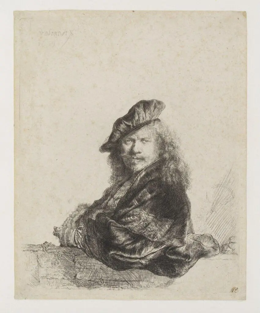 Self portrait leaning on a stone sill by Rembrandt van Rijn
