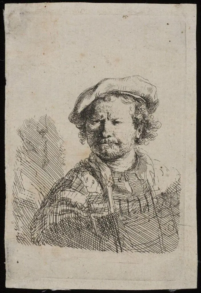 Self Portrait in a Flat Cap and Embroidered Dress by Rembrandt van Rijn