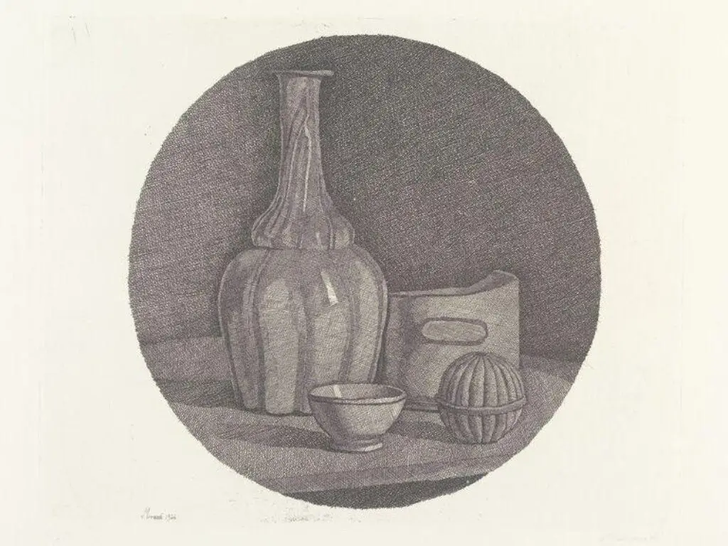 Large circular still life with a bottle and three objects by Morandi, Giorgio