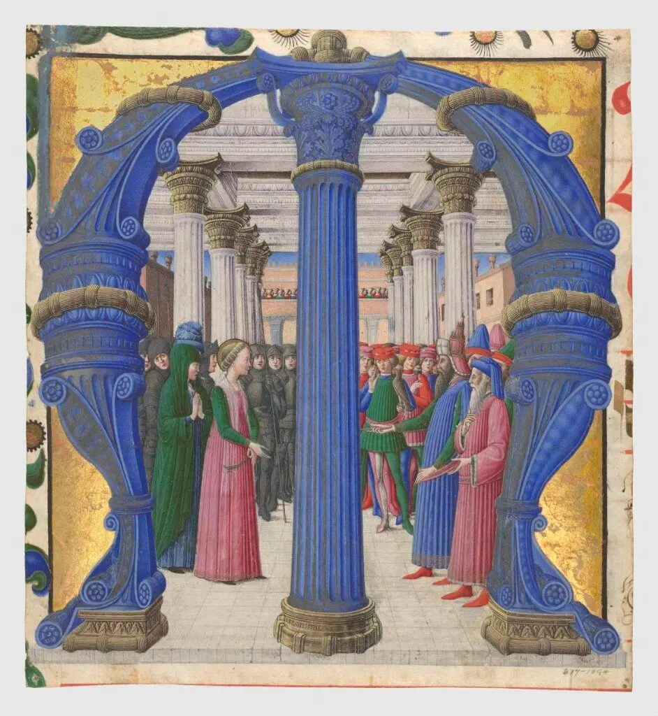 Historiated initial with St Giustina disputing with Maximian by da Cremona, Girolamo