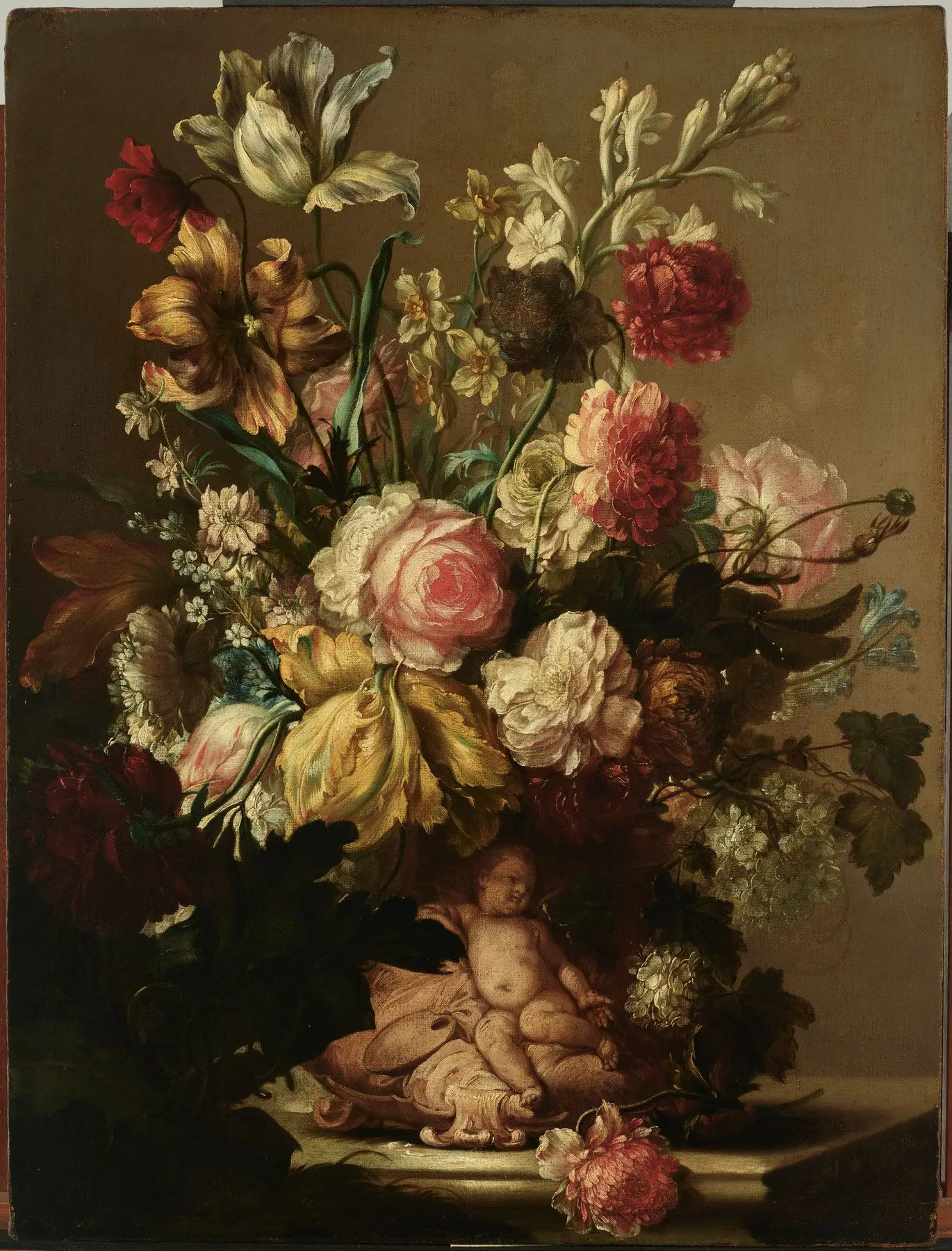 Flowers in a Vase with a Putto by Isabella Peeters