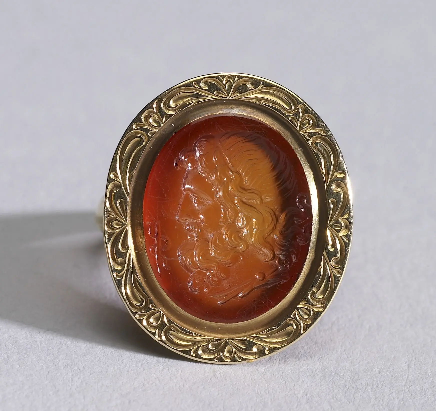 Ring with Intaglio Showing Head of Asclepius by French (?)
