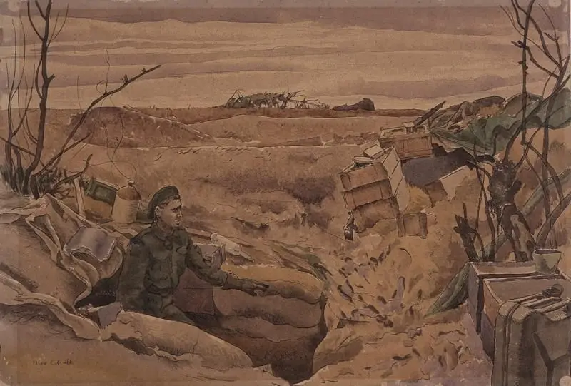 painting, A FORWARD COMPANY HEADQUARTERS by Colville, Captain Alex