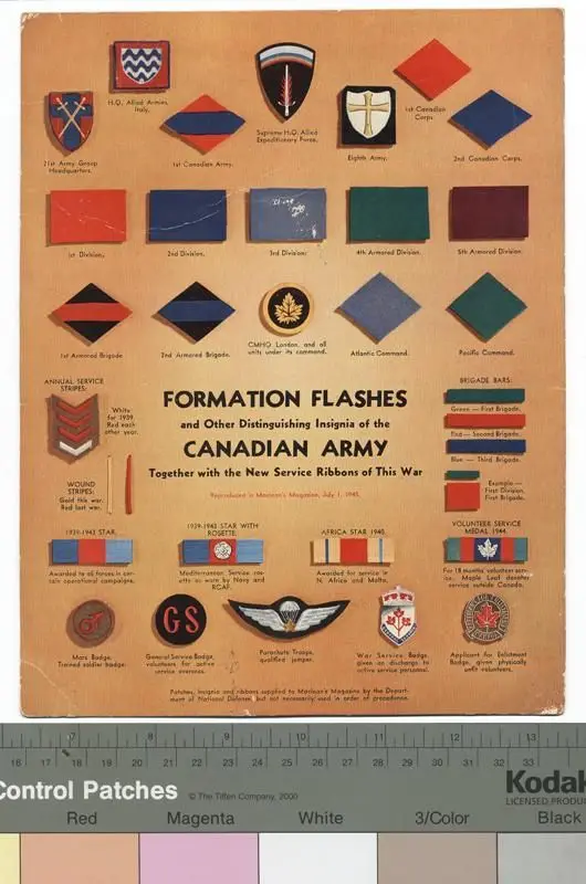 badge information poster, Formation Flashes and Other Distinguishing Insignia of the Canadian Army Together with the New Service Ribbons of This War by Maclean's Magazine, Associated institution