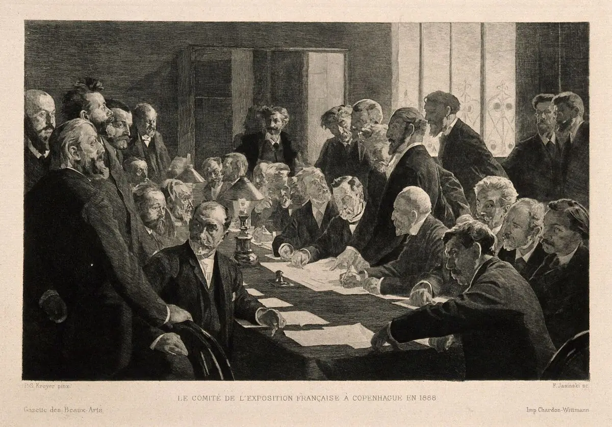 Members of the French exhibition committee meeting in Copenhagen. Engraving by F. Jasinski after P. S. Kroyer, 1888. by Peder Severin Krøyer