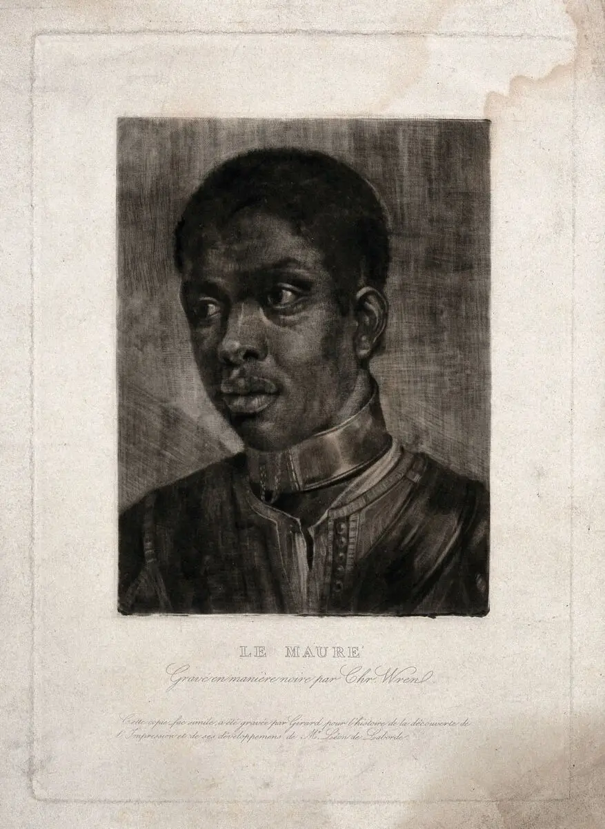 Head of a black man. Mezzotint by A.F. Girard, 1839, after a mezzotint. by Wallerant Vaillant