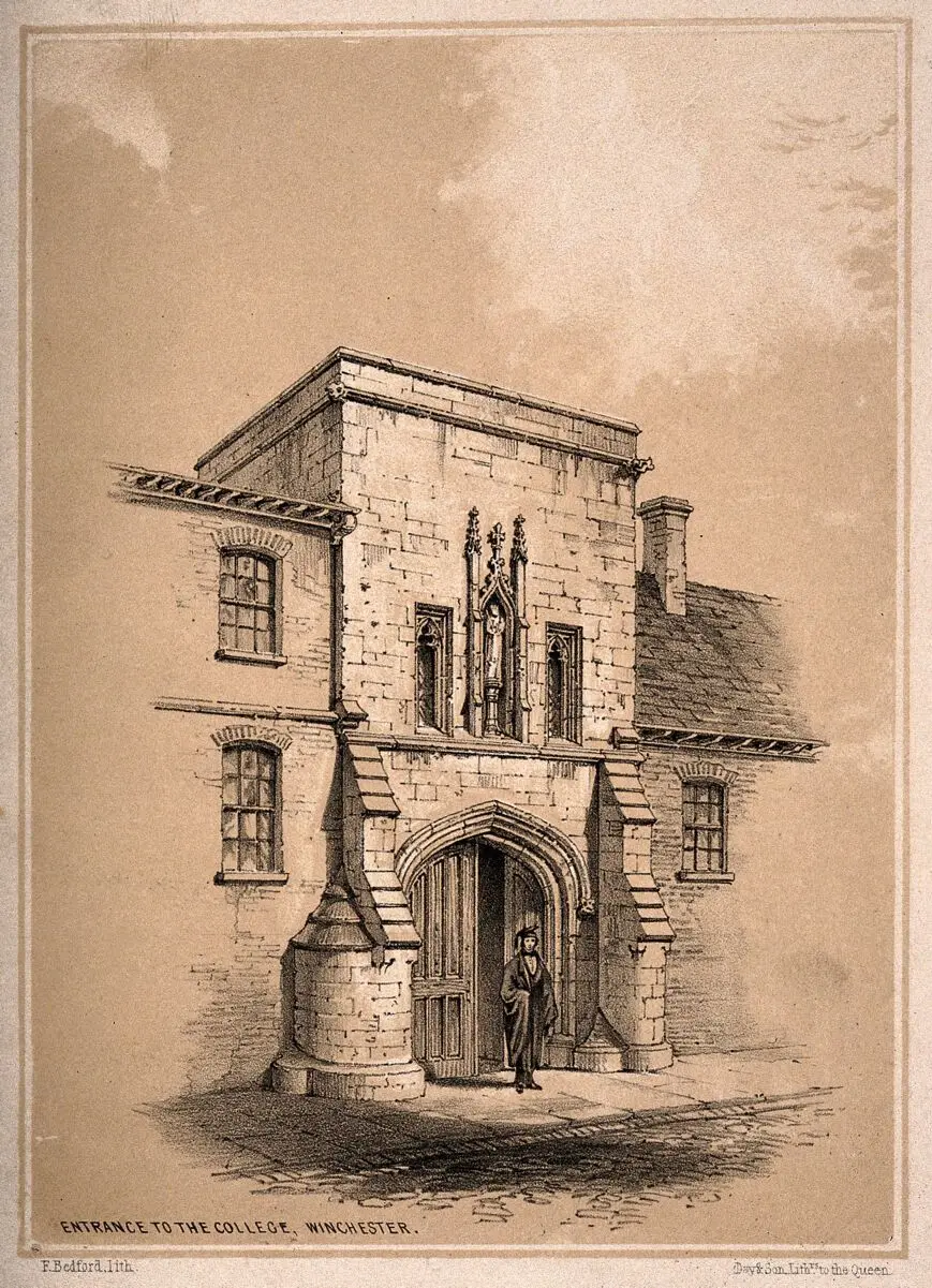Winchester College, Winchester, Hampshire: entrance gate. Tinted lithograph by F. Bedford. by Francis Bedford