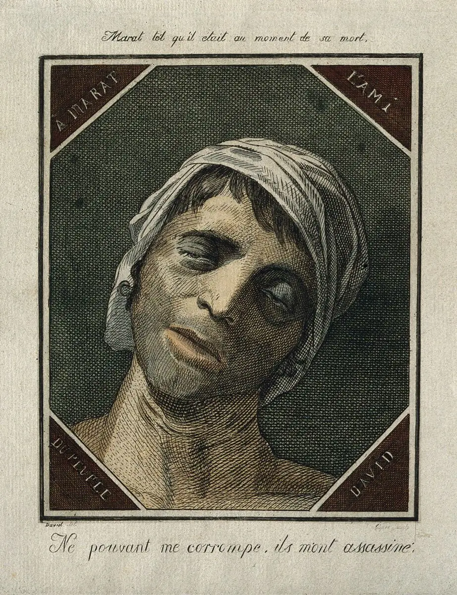 Jean Paul Marat. Coloured etching by J. L. Copia after J. L. David, [1793]. by Jacques-Louis David