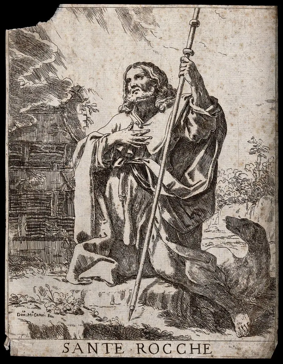 Saint Roch. Etching by D.M. Canuti. by Canuti, Domenico Maria, 1626-1684.