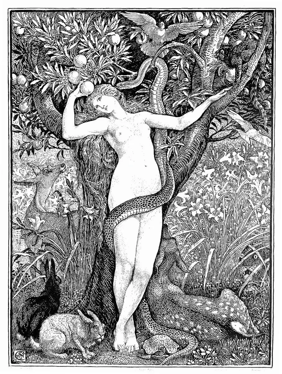 The serpent entwines itself around the body of Eve; it whispers in her ear, enticing her to eat the forbidden fruit. Photogravure by Lemercier and co. after Walter Crane, 1899. by Walter Crane
