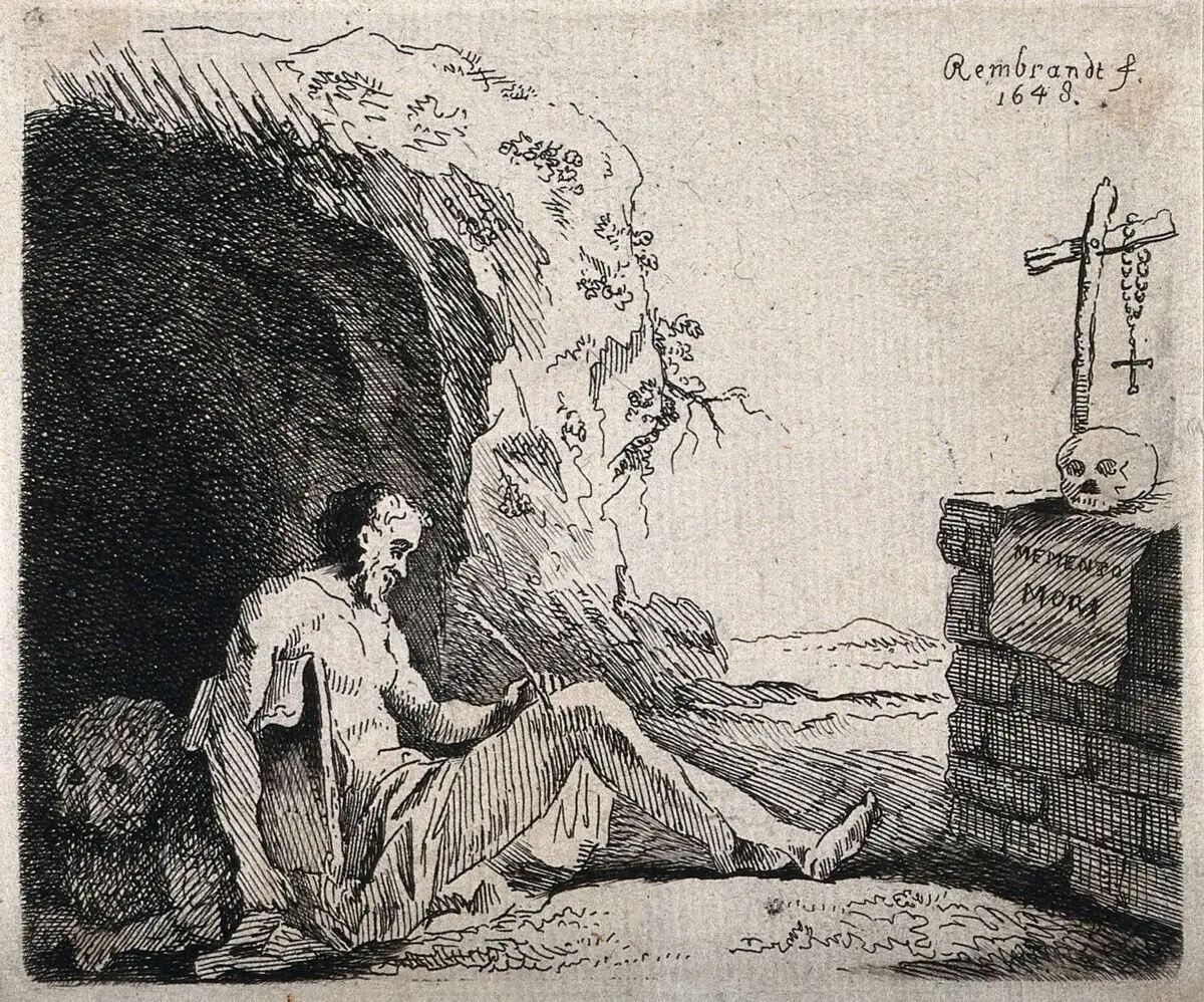 Saint Jerome. Etching by imitator of Rembrandt van Rijn. by imitator of Rembrandt van Rijn