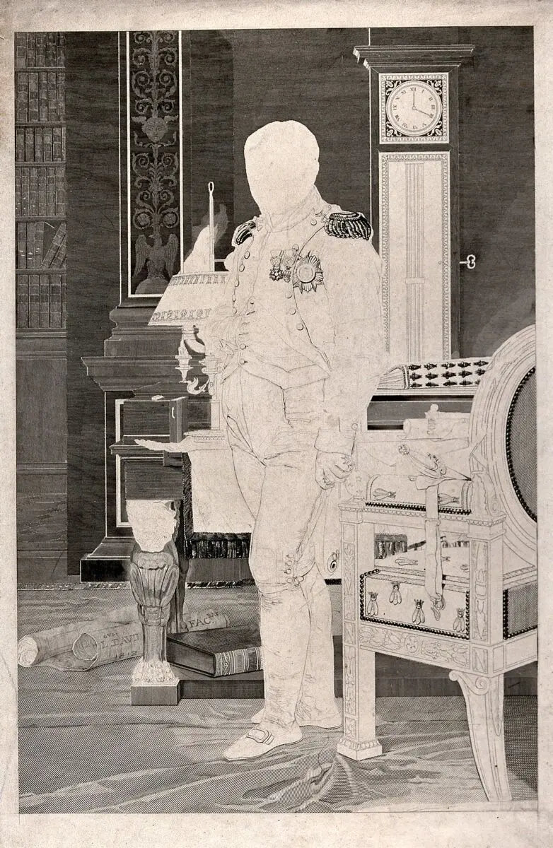 Napoleon Bonaparte in his study. Engraving, unfinished, after J.-L. David, 1812. by Jacques-Louis David