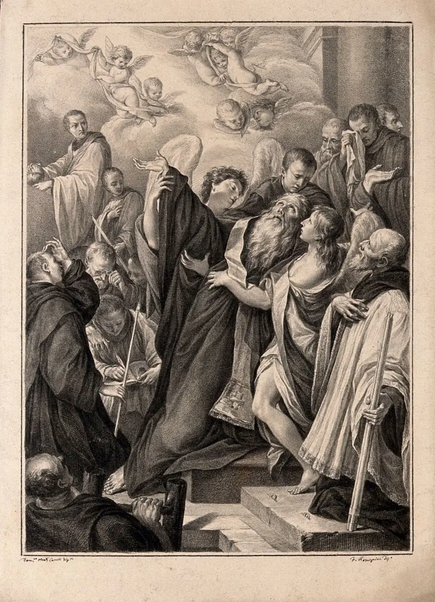 The death of Saint Benedict. Drawing by F. Rosaspina, c. 1830, after D.M. Canuti. by Domenico Maria Canuti