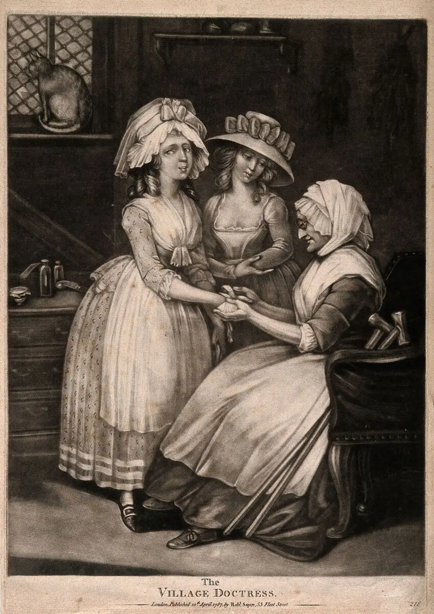 A woman doctor bandaging a young woman's hand. Mezzotint, 1787. by Unknown artist