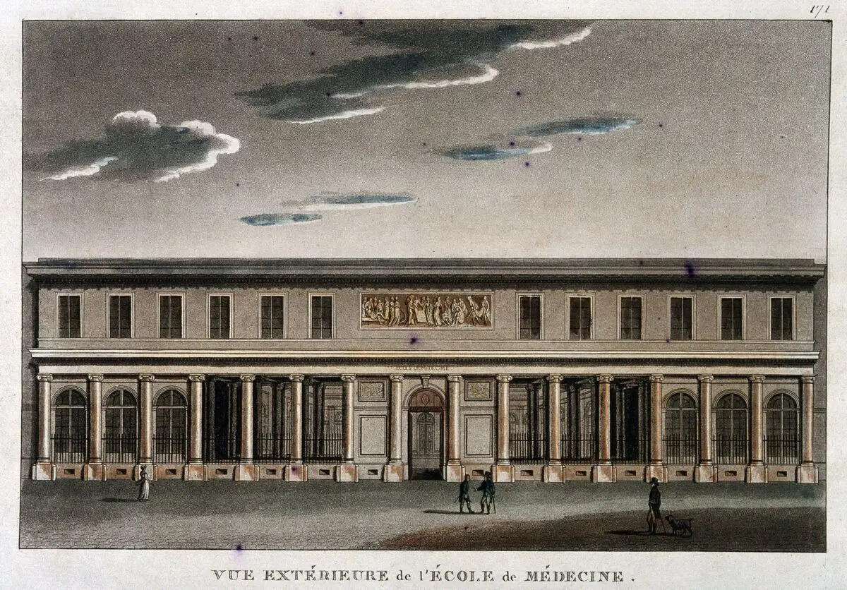 School of Medicine, Paris. Coloured aquatint. by Jacques Gondouin