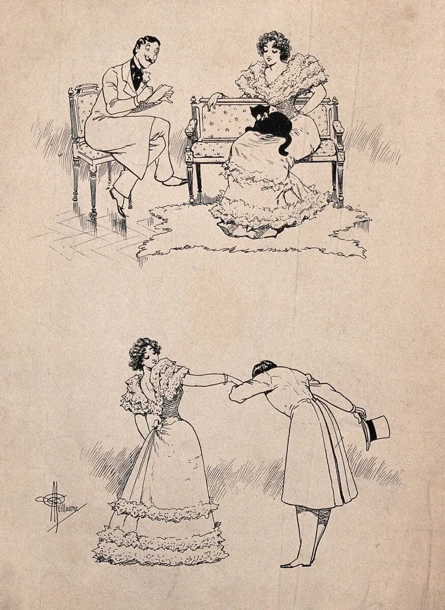 A young lady is sitting on a seat with a black cat on her lap as a man writes on a piece of paper, he then takes her hand and bows. Process print after Albert Guillaume. by Albert Guillaume