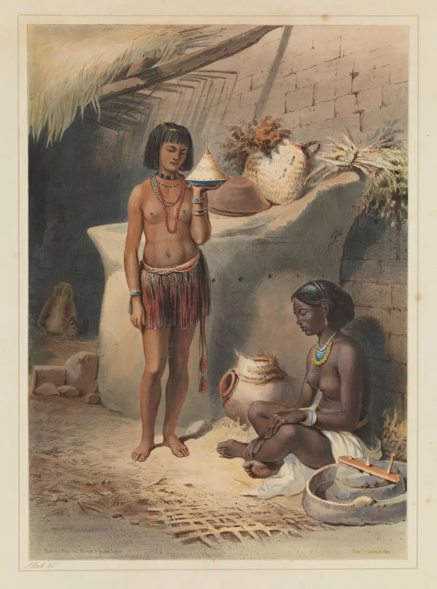 Nubian Females: Kanoosee Tribe. Philae. In Oriental album : characters, costumes, and modes of life, in the valley of the Nile / with descriptive letter-press by James Augustus St. John ; illustrated from designs taken on the spot by E. Prisse. by James Augustus St