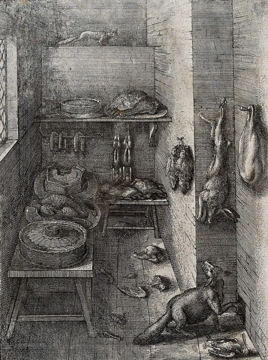 A fox and a weasel trying to leave a well-stocked larder; illustration of a fable by Aesop. Etching. by Aesop