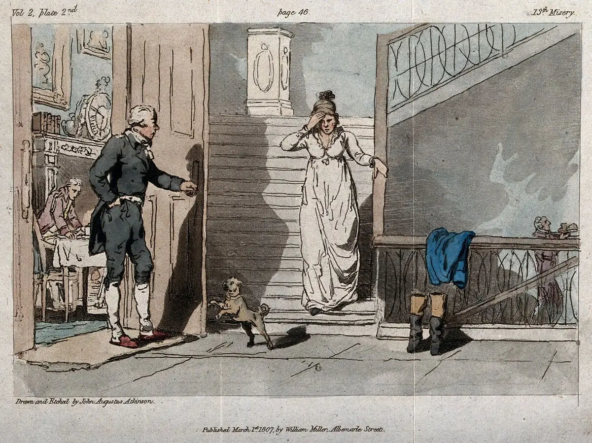 A young woman preceded by a lap-dog is coming down the stairs of a grand house; a man is standing by an open door; servant carrying a tray in the background. Etching by J.A. Atkinson after himself, 1 March 1807. by John Augustus Atkinson