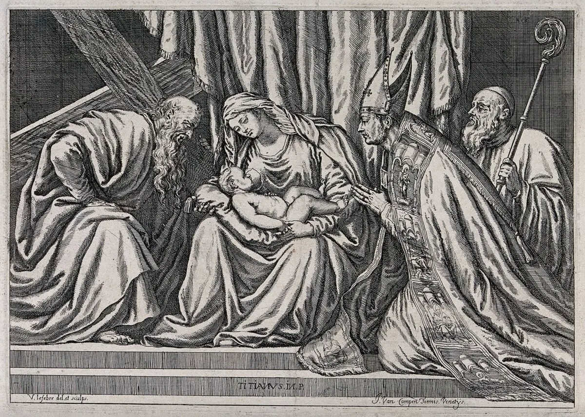 Saint Mary (the Blessed Virgin) with the Christ Child, Saint Andrew the Apostle, Saint Titian of Oderzo, the painter Titian. Etching by V. Lefebvre after Titian. by Titian