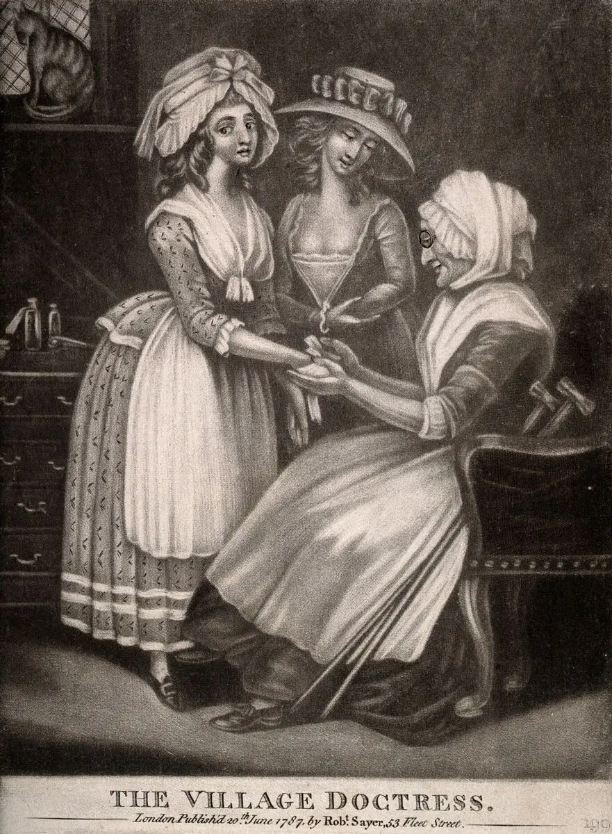 A woman doctor bandaging a young woman's hand. Mezzotint, 1787. by Unknown artist