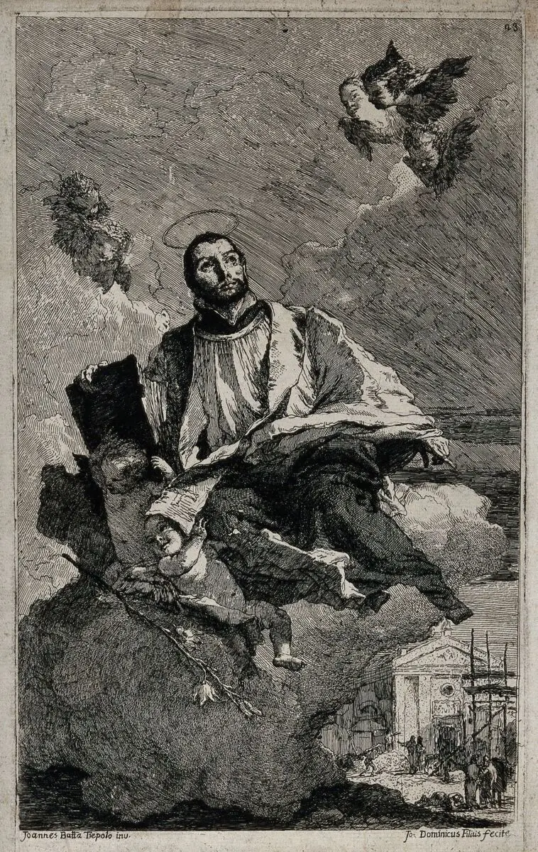 Saint Gaetano (Cajetan) Tiene. Etching by G.D. Tiepolo after G.B. Tiepolo. by Giovanni Battista Tiepolo