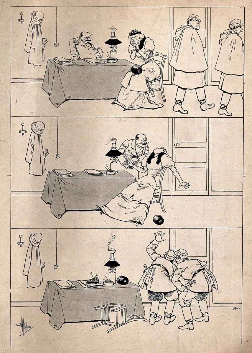 A woman consulting an official weeps and then faints, prompting the official to take her privately into his back office. Line process print by SGAP after Albert Guillaume, 1893. by Albert Guillaume