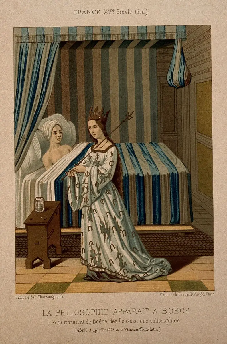 The figure of Philosophy appearing to Boethius. Chromolithograph by Thurwanger after C. Ciappori after a 15th-century painting. by Boethius