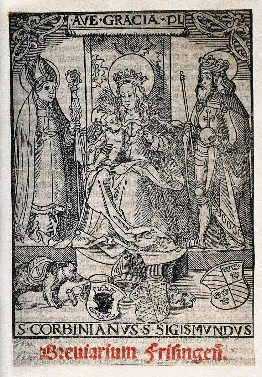 Saint Mary (the Blessed Virgin) with the Christ Child, Saint Corbinian and Saint Sigismund. Woodcut by L. Beck. by Leonhard Beck