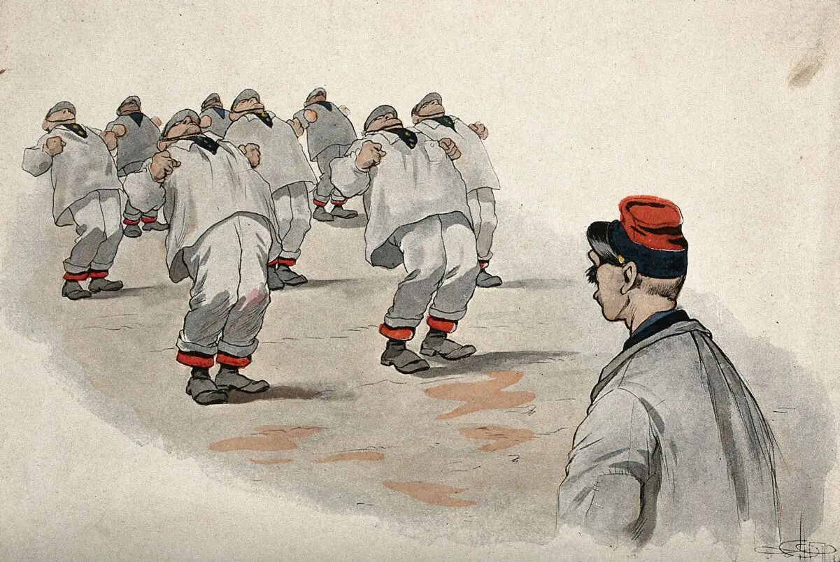French conscripts being put through physical exercises. Colour process print after A. Guilaume, 1896. by Albert Guillaume
