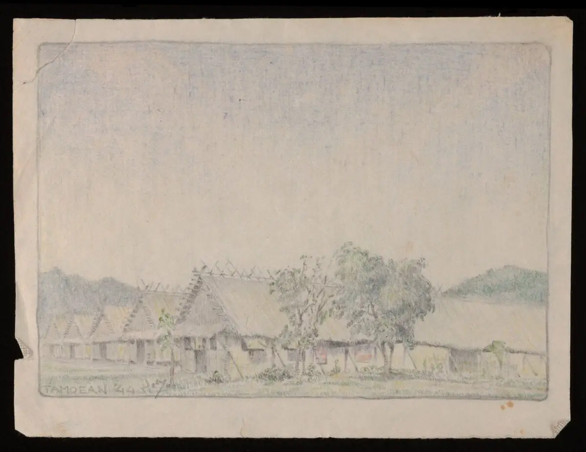 Drawing of huts in a World War II Prisoner of War camp, probably Tamuang, Thailand, part of the Burma-Thailand Railway. By an unknown artist by an unknown artist