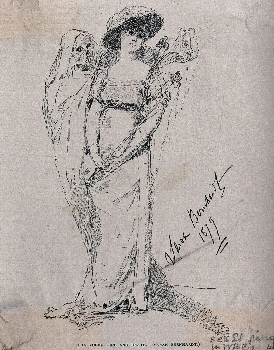 A girl and Death. Lithograph by Sarah Bernhardt, 1879. by Sarah Bernhardt