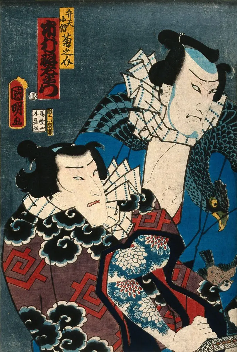 Line up of five actors as "rough" popular heroes. Colour woodcut by Kuniaki, 1862. by Utagawa Kuniaki II