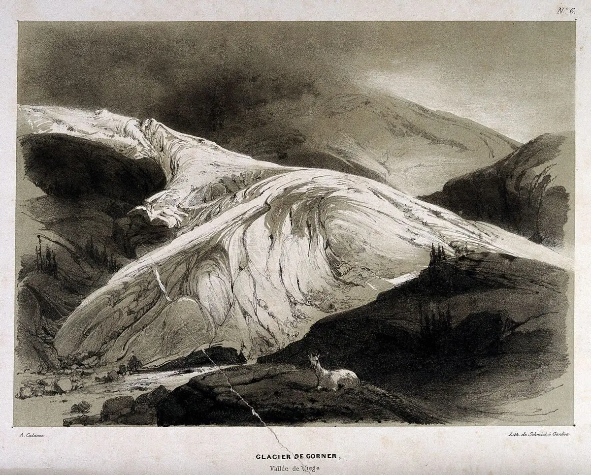 Geology: the Gorner glacier, in the Valais. Lithograph by J. Schmid after A. Calame. by Alexandre Calame