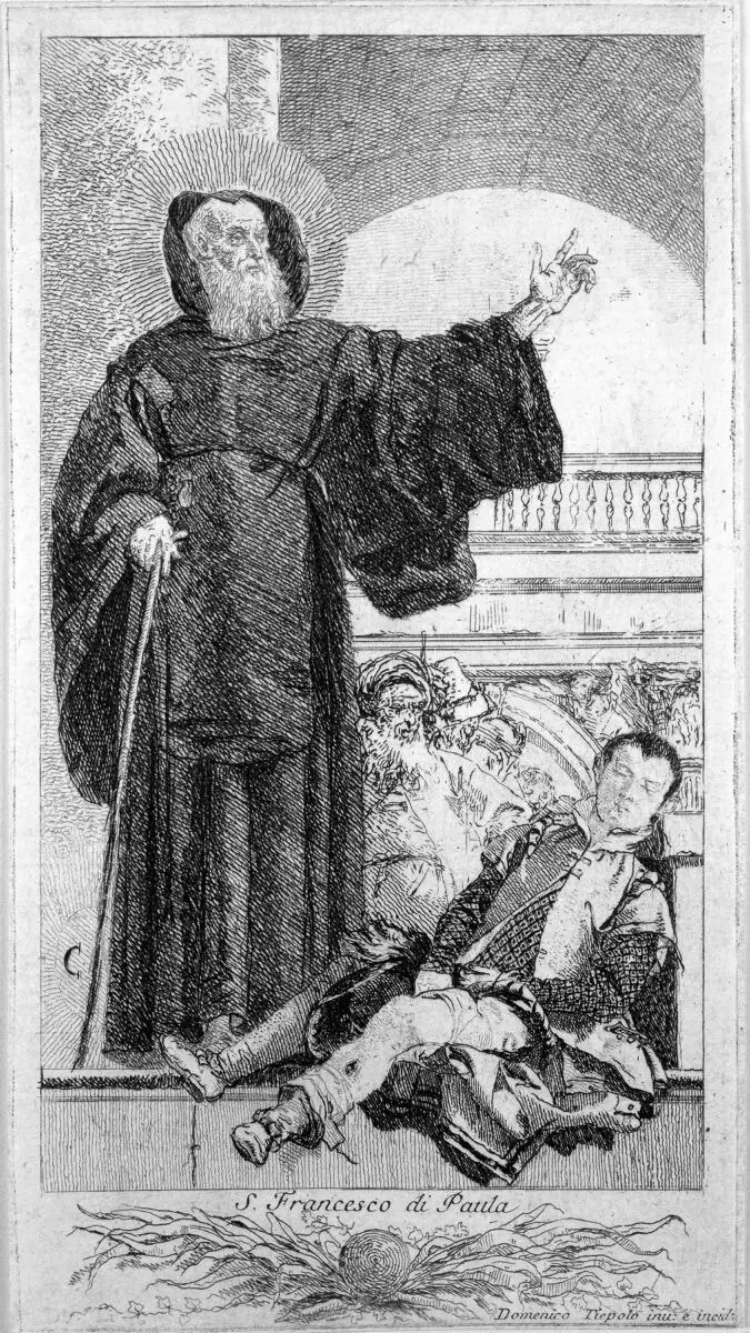 Saint Francis de Paul (San Francesco da Paola) healing a young man with an ulcered leg. Etching by Giandomenico Tiepolo. by Giovanni Domenico Tiepolo