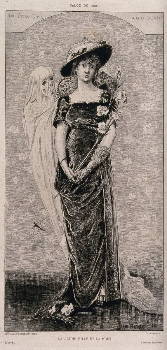 A young lady and Death. Etching by Léon Gaucherel after Sarah Bernhardt, 1880. by Sarah Bernhardt
