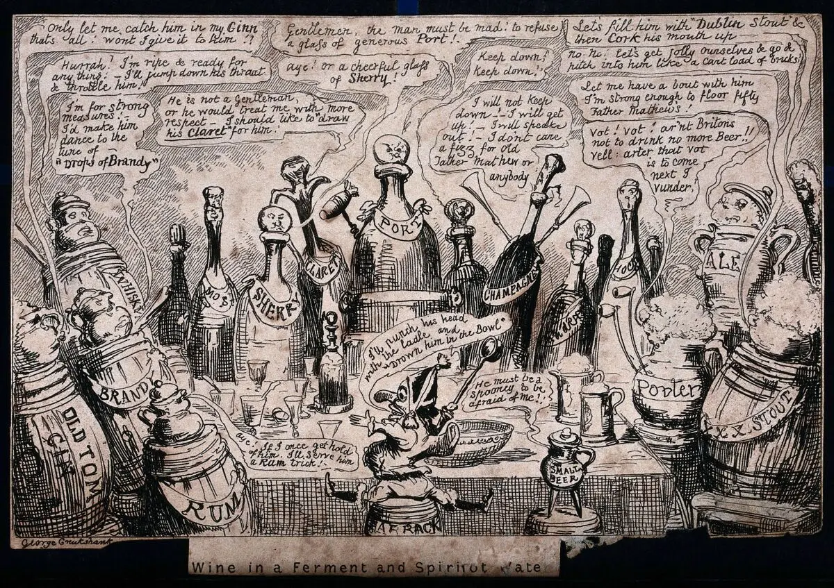A collection of bottles of alcohol. Etching by George Cruikshank. by George Cruikshank
