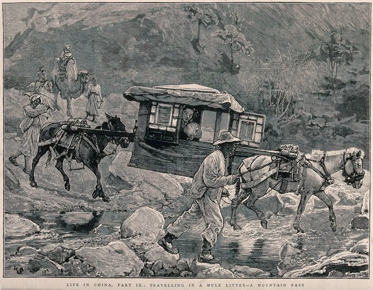 China: a litter or palanquin carrying a woman is being transported by two mules across a stream in a rocky pass. Wood engraving by E. Froment after W. Small. by William Small