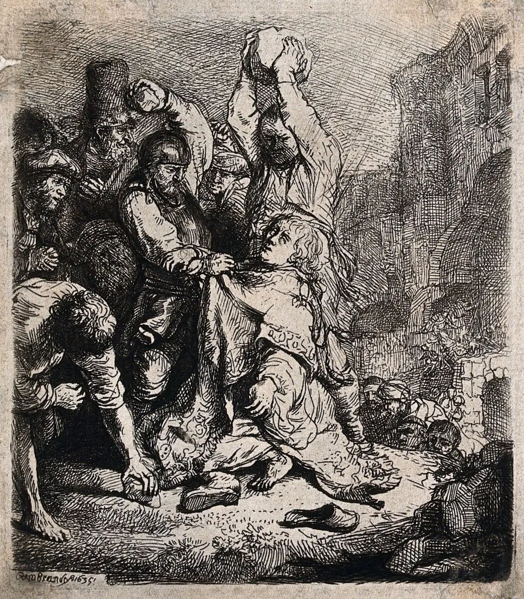 Martyrdom of Saint Stephen. Etching by Rembrandt van Rijn, 1635. by Rembrandt van Rijn