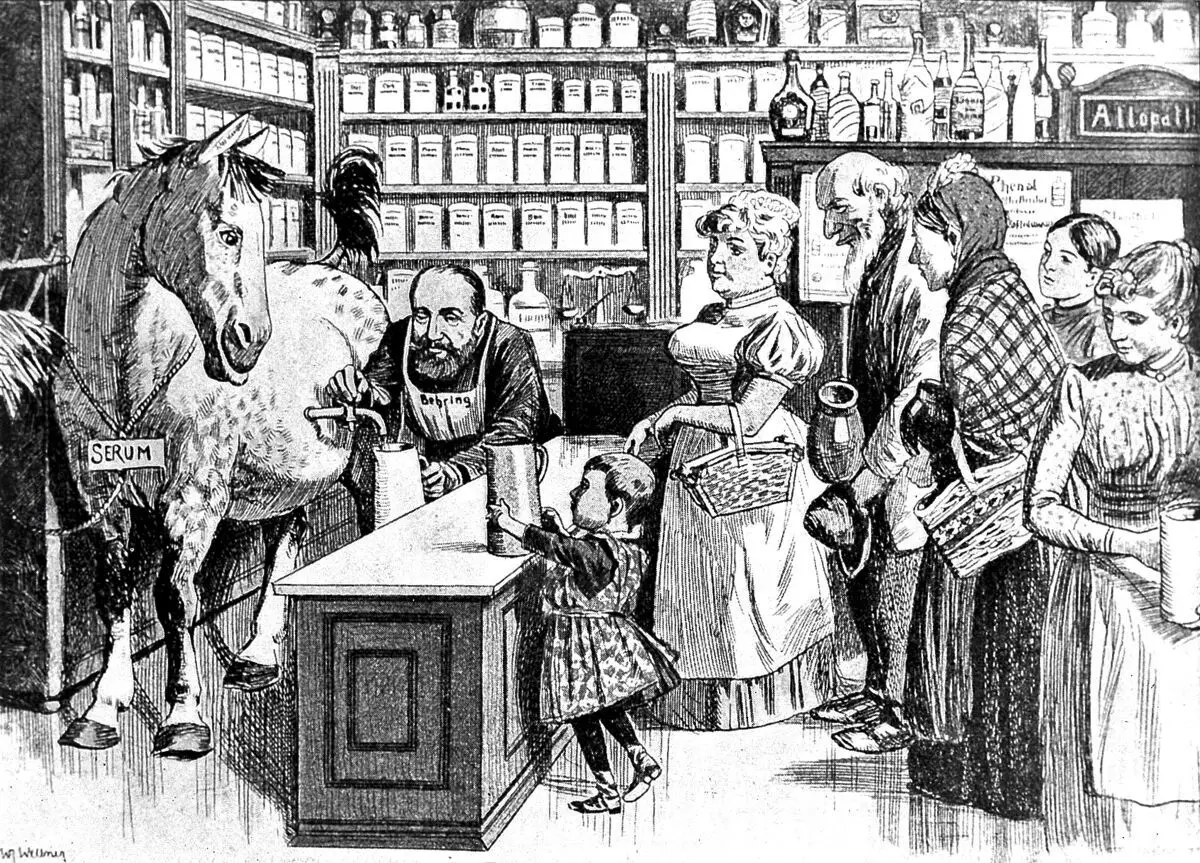 'Serum straight from the horse'., inoculation caricature by Unknown artist
