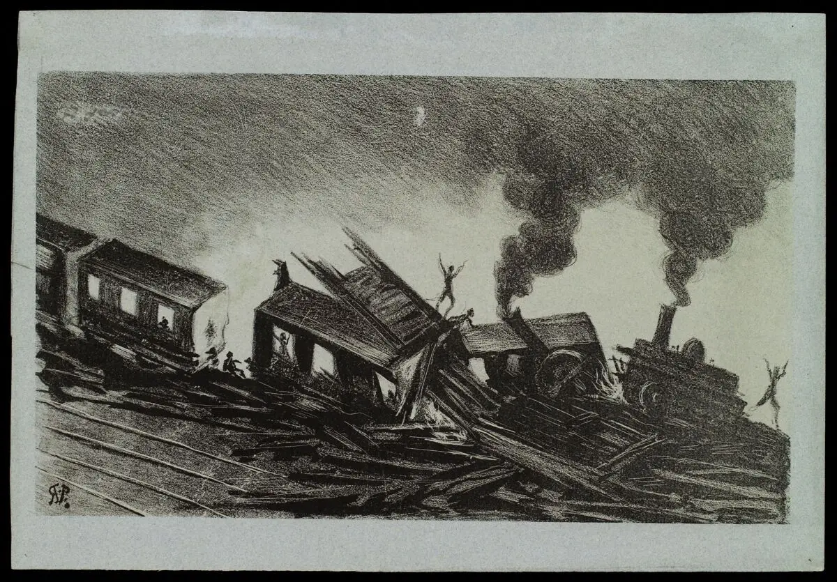 A railway accident. Lithograph by Paul Van Rijssel (Paul-Ferdinand Gachet), 1879. by Paul Gachet