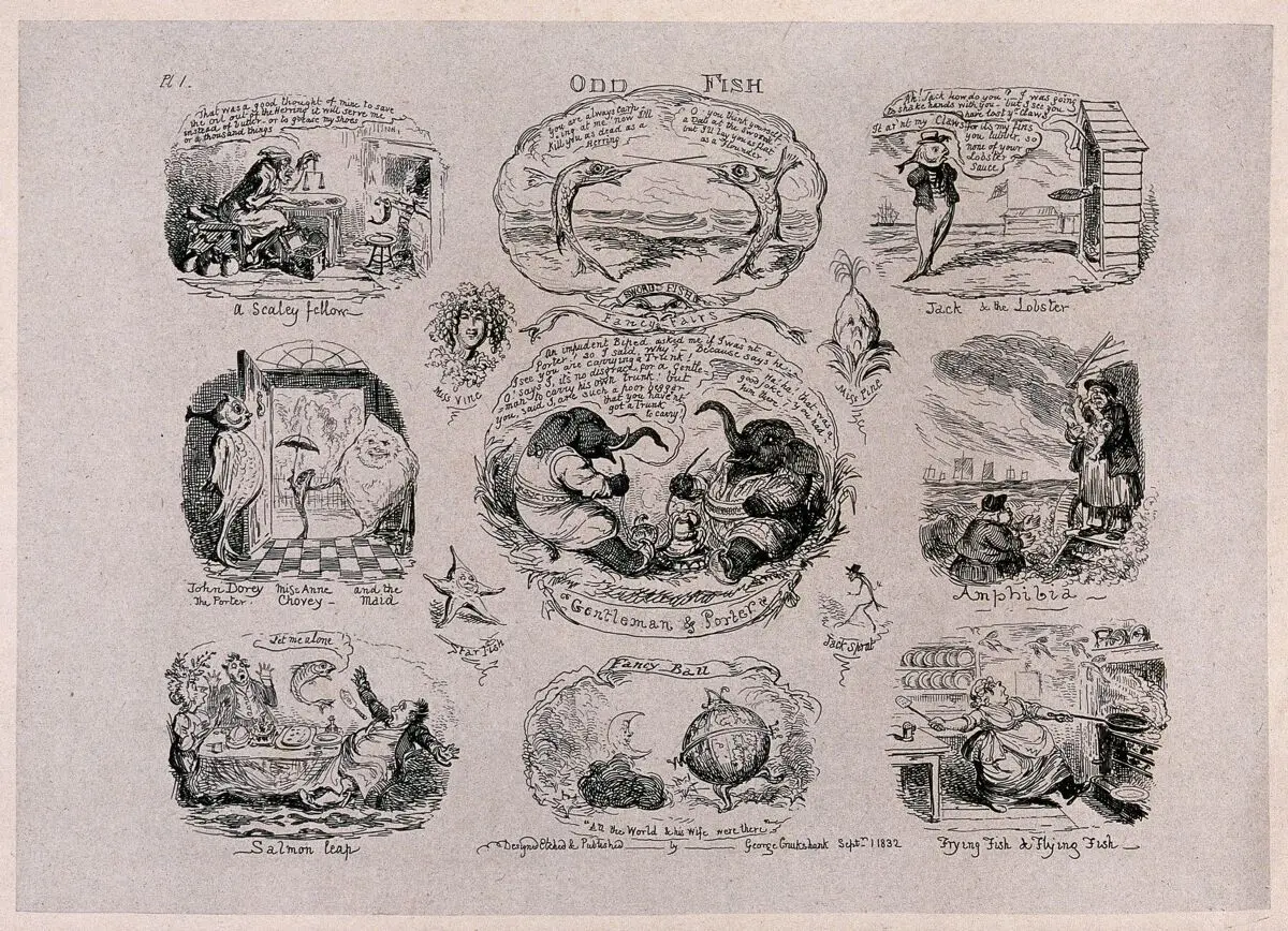 Fish in human situations. Etching by George Cruikshank, 1832. by George Cruikshank