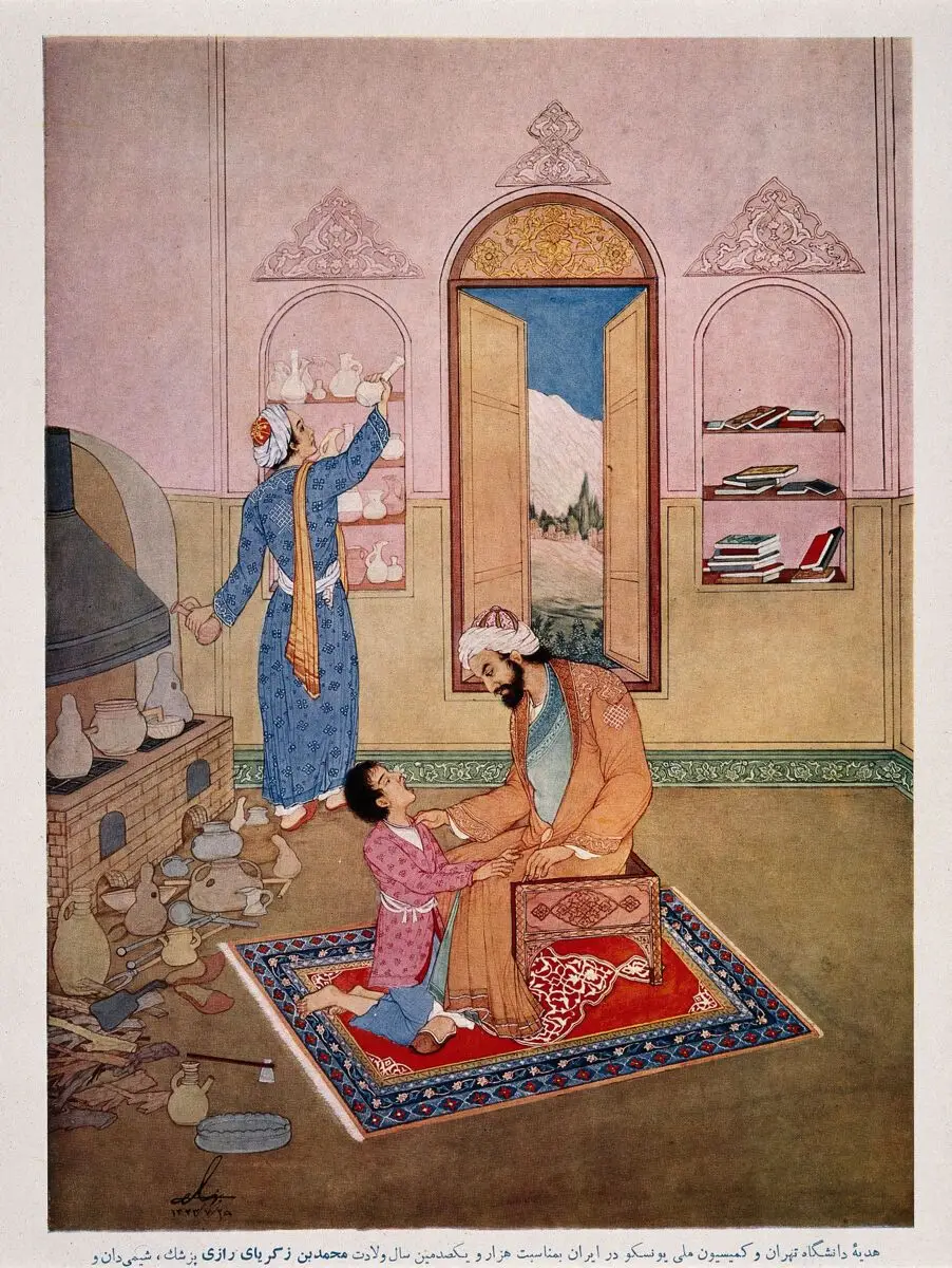 Rhazes (Rāzī), a physician, examines a kneeling boy who has his mouth wide open, they are in a surgery full of equipment. Colour process print after H. Behzad. by Bihzād, Ḥusayn