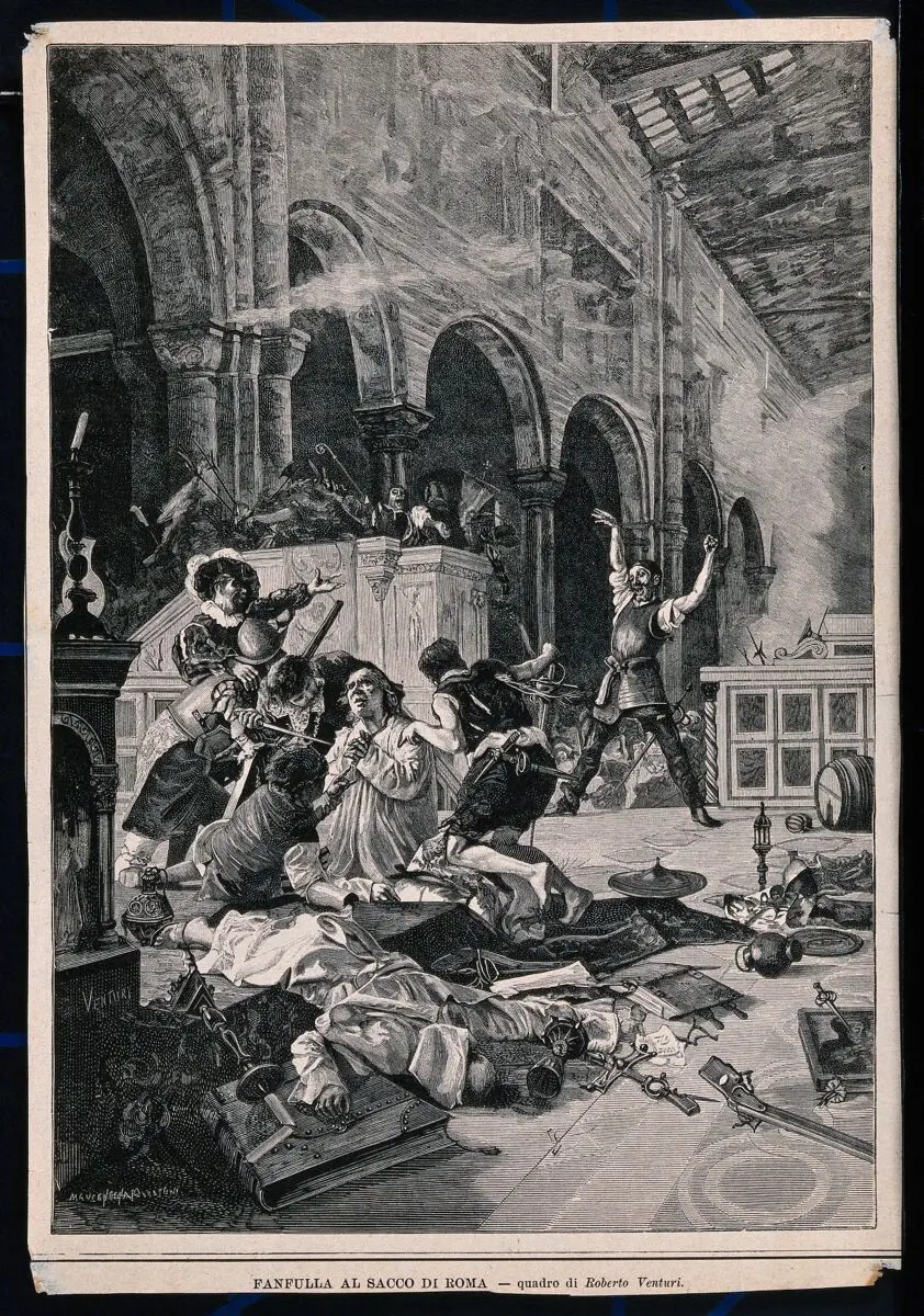 An episode in the novel Niccolò de' Lapi. by Massimo D'Azeglio: a massacre in a church during the Sack of Rome is interrupted by the arrival of the soldier of fortune Fanfulla da Lodi. Wood engraving by A. Centenari and G. Sabbatini after R. Venturi. by Venturi