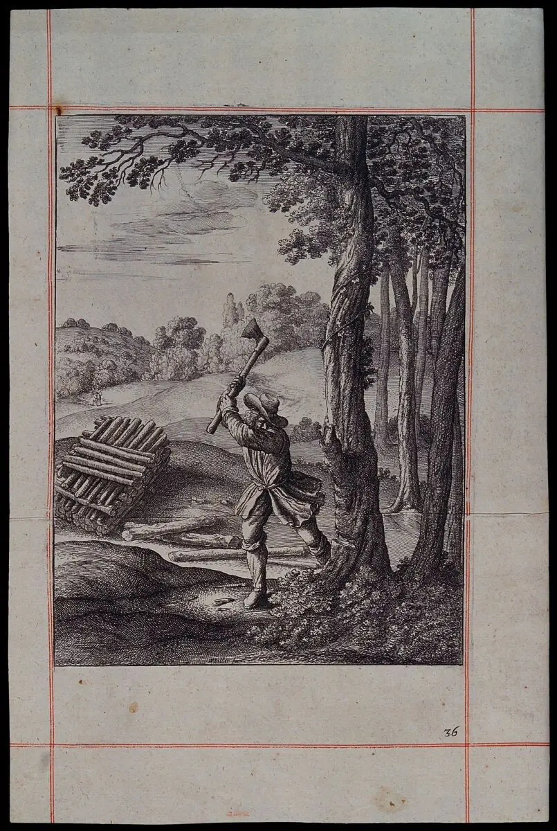 A woodman is swinging an axe at a tree. Etching by W. Hollar for a fable by Aesop. by Aesop