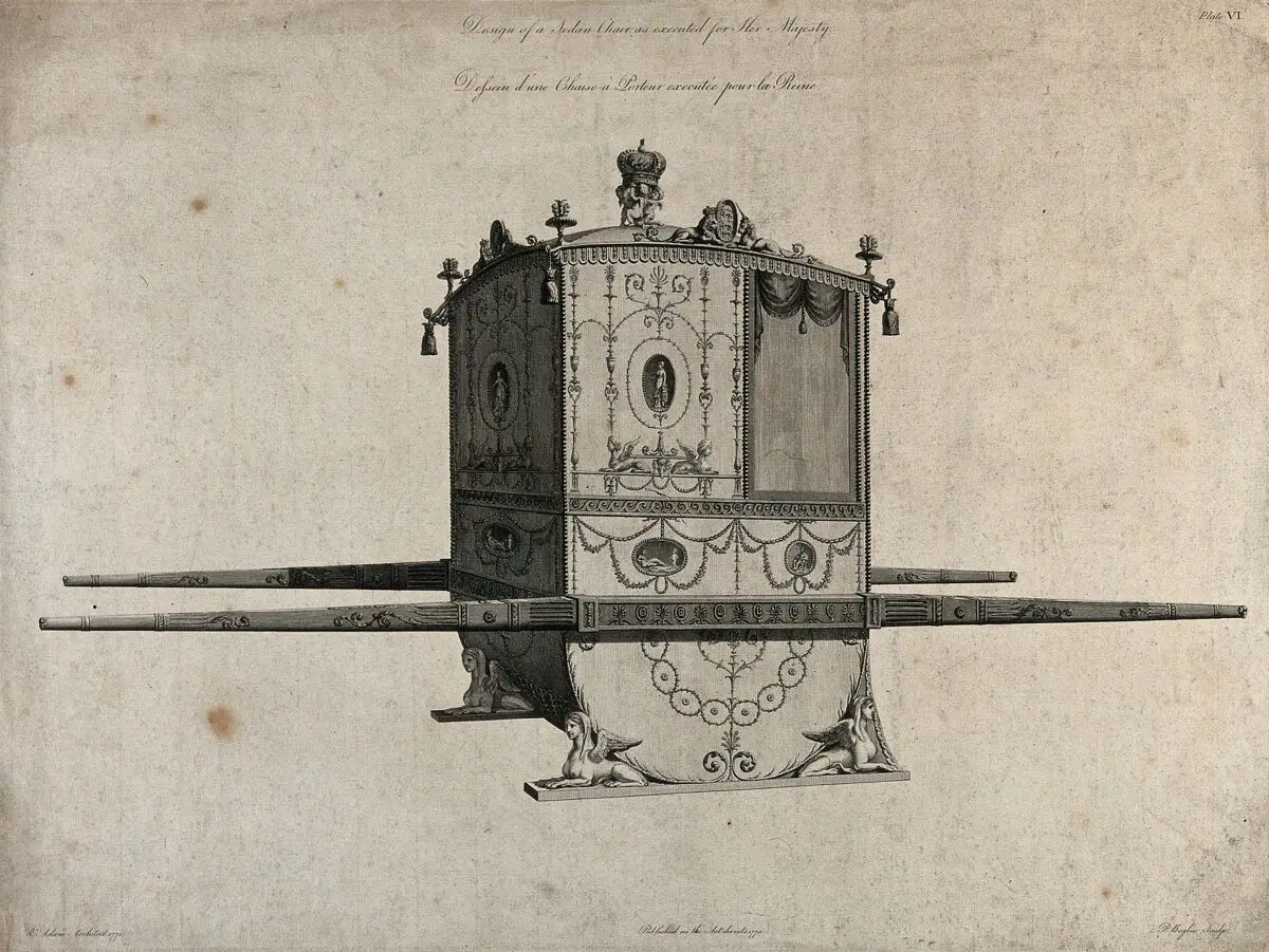 An ornate sedan chair with a state crown on top. Engraving by P. Begbie, 1775, after R. Adam, 1771. by Robert Adam