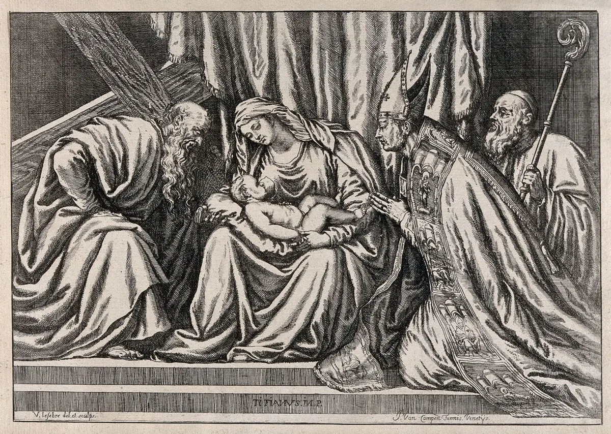 Saint Mary (the Blessed Virgin) with the Christ Child, Saint Andrew the Apostle (left), Saint Titian of Oderzo and the painter Titian. Etching by V. Lefebvre after Titian. by Titian, approximately 1488-1576.