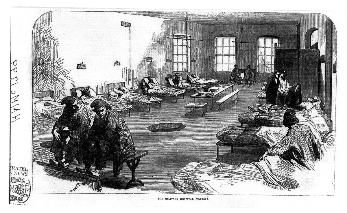 A hospital ward in the military hospital, Portsea. Wood engraving by W. Thomas, 1855. by William Luson Thomas
