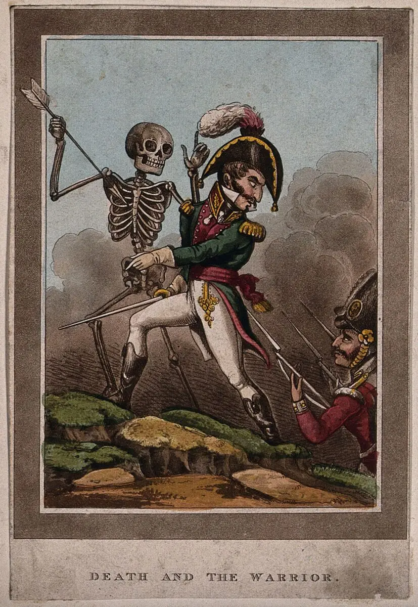 Death and the warrior. Coloured aquatint. by Unknown artist
